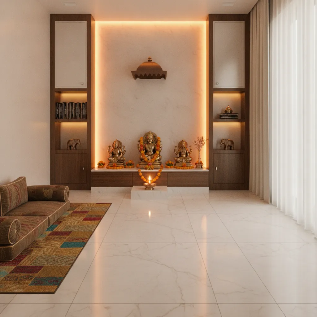 Pooja hall with warm LED lighting and peaceful atmosphere