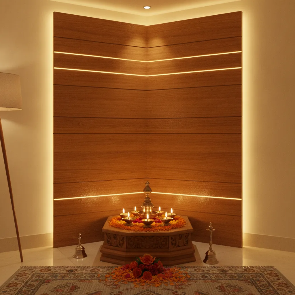 home mandir with warm lighting diyas and backlit panel