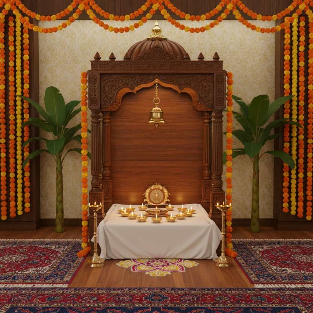 Artificial banana trees placed symmetrically beside a pooja altar