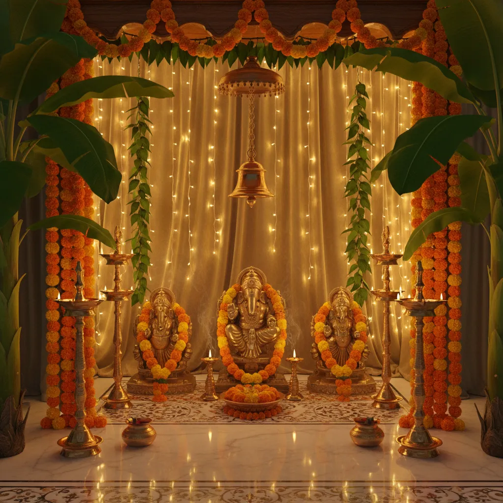 Decorative lighting highlighting banana leaves around a pooja mandap