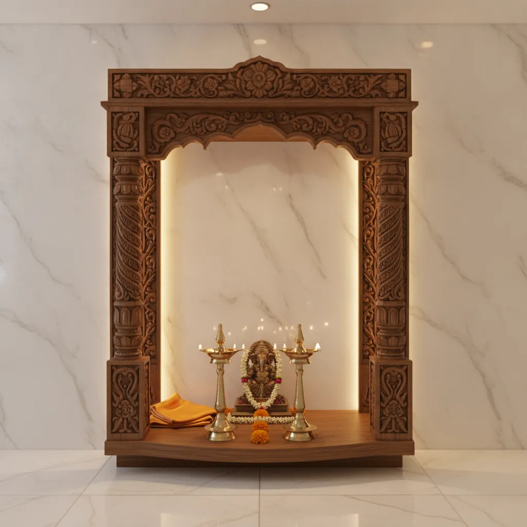 pooja mandir with marble background brass lamps and warm neutral color palette