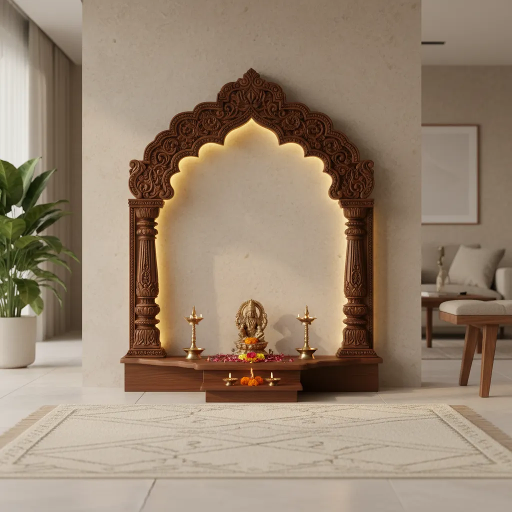 Wooden pooja mandir with warm LED backlighting highlighting the idol