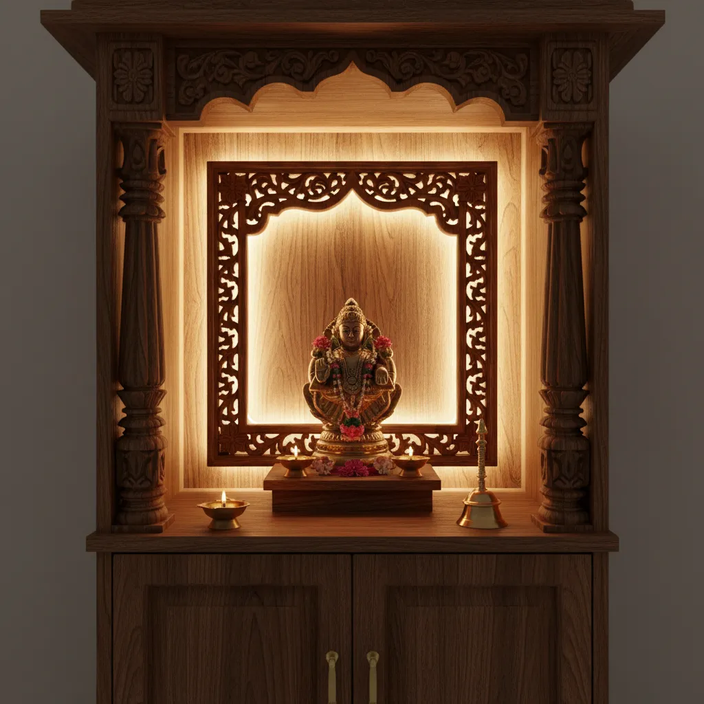 Wooden mandir with soft LED backlighting creating spiritual ambiance