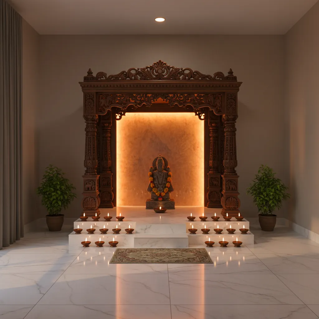 home pooja mandir with warm backlighting and brass diya lamps