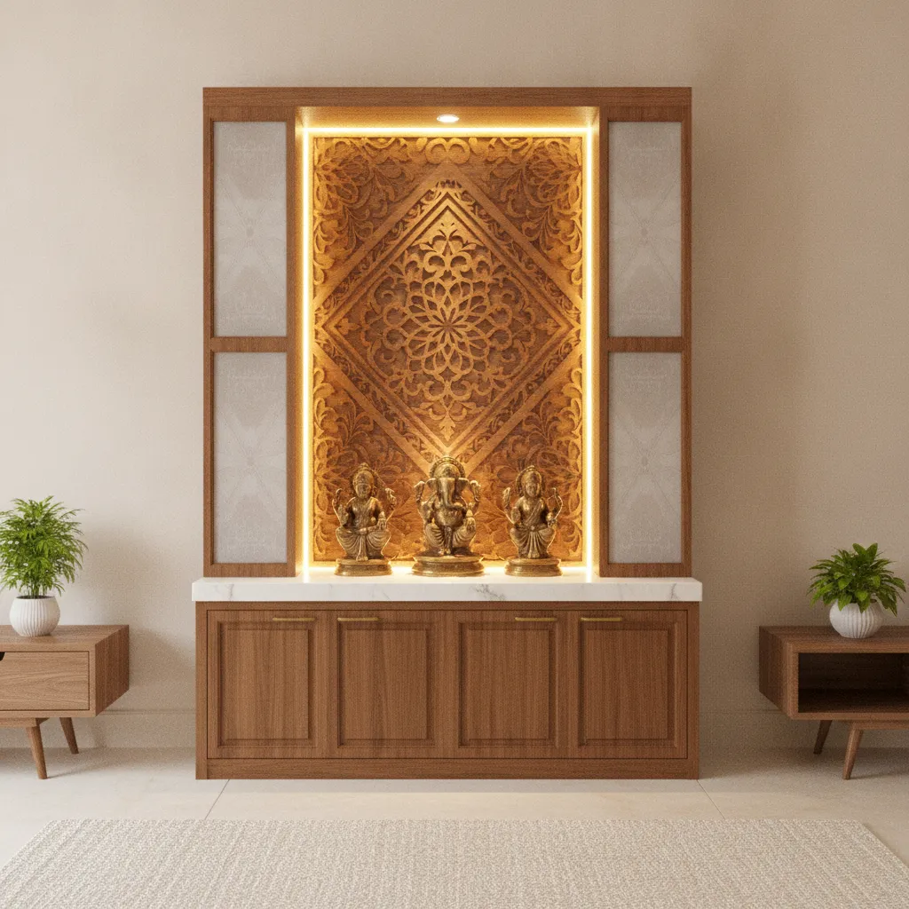 Backlit pooja mandir with warm ambient lighting