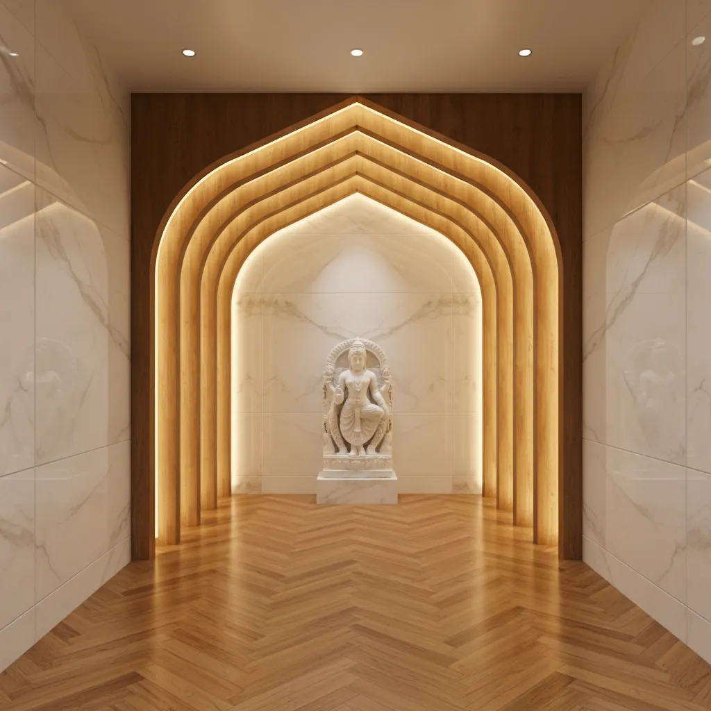 Diagram style interior showing LED strip and spotlight lighting positions in a Devara Mantapa