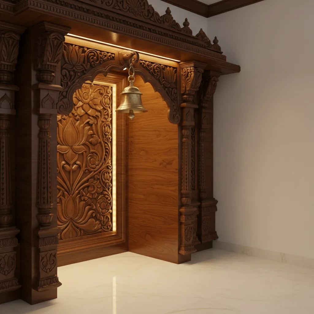 Single small brass bell hanging from decorative mandir hook