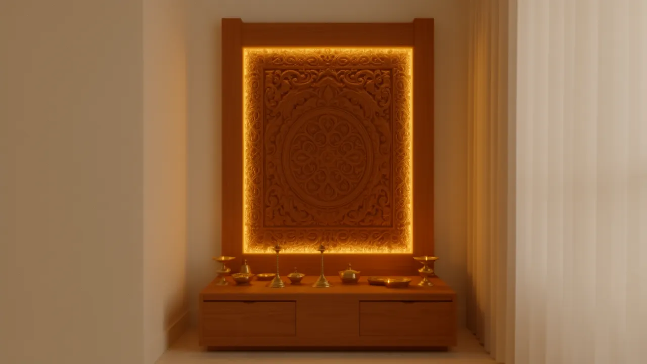 Wooden pooja mandir with warm lighting and decorative carved backdrop