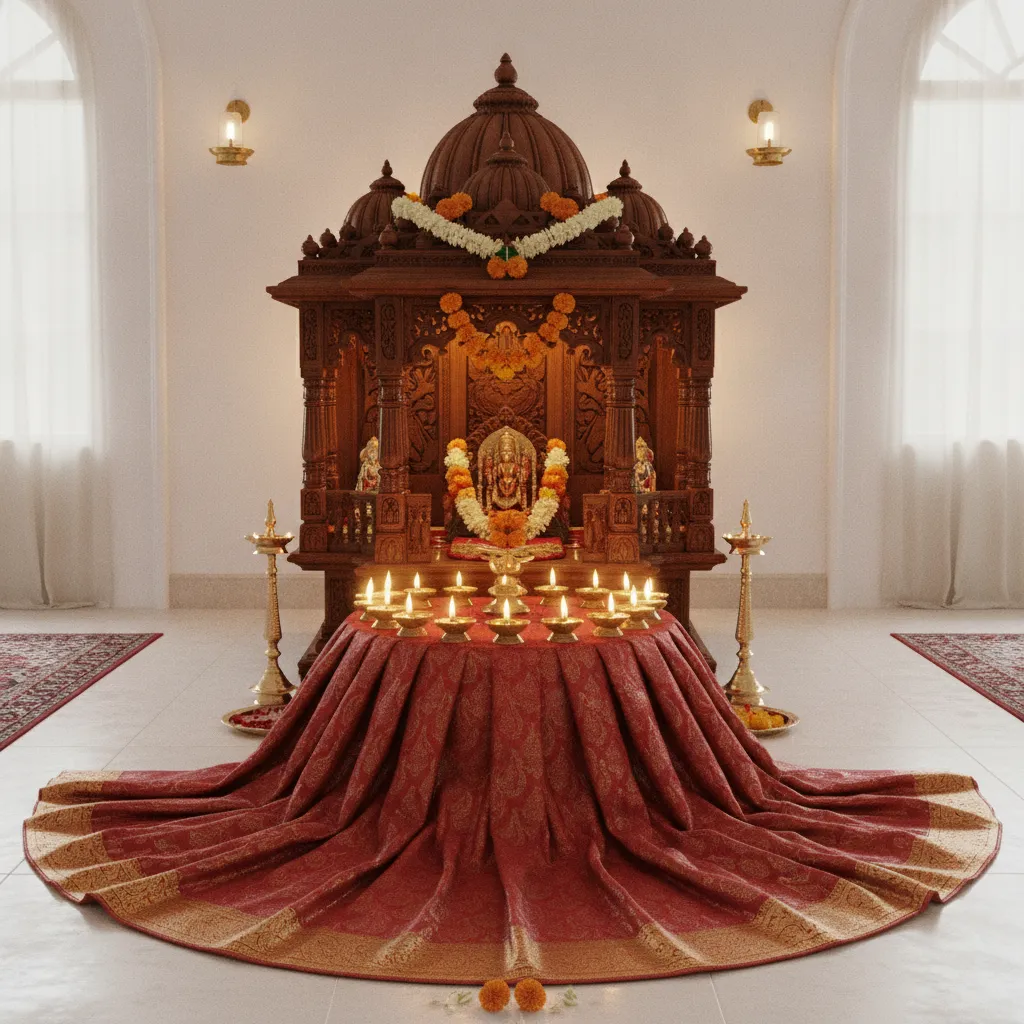 Home mandir decorated with red silk cloth and brass lamps