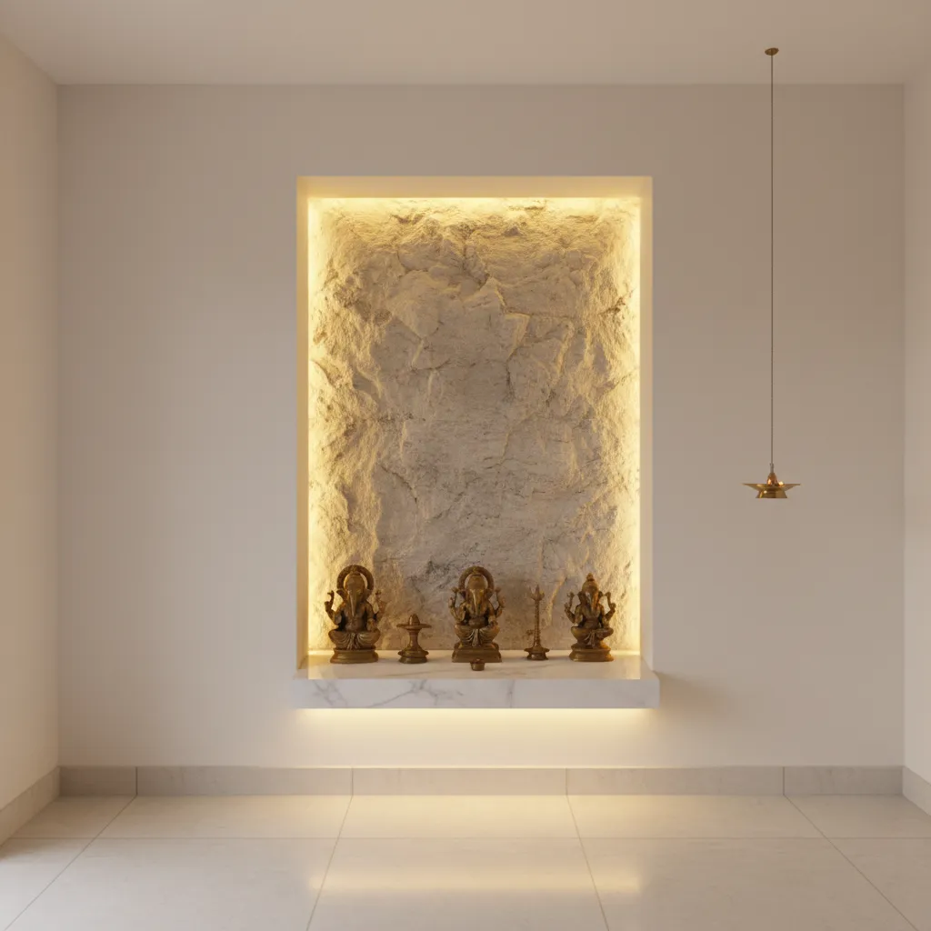 Built in wall niche pooja space with backlit panel