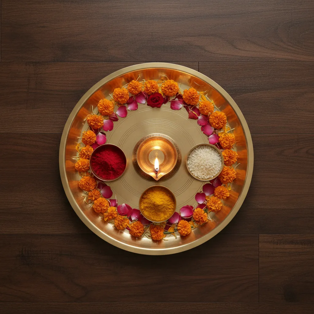 organized brass pooja plate layout with diya kumkum and flowers
