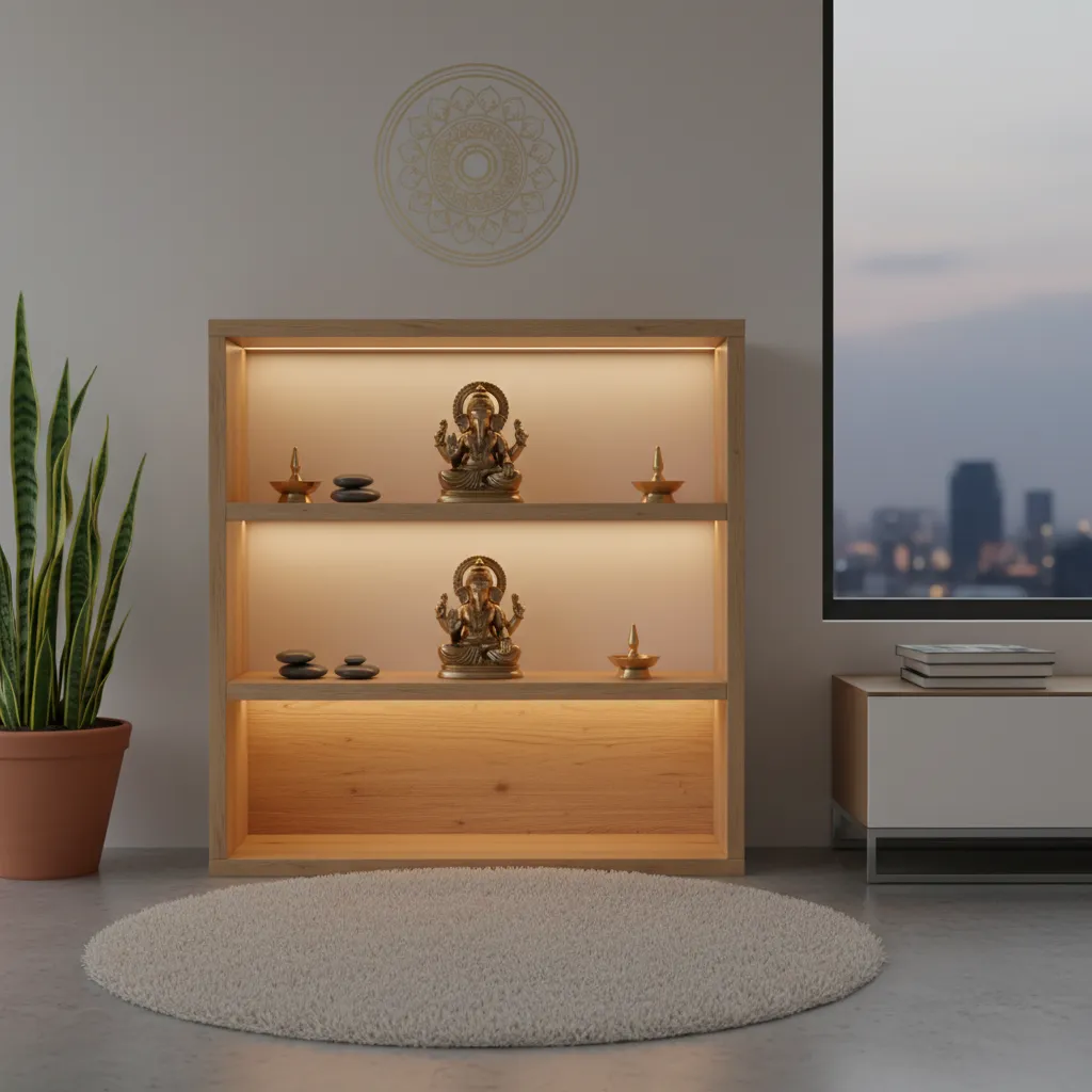 modern pooja rack with warm LED lighting in small apartment