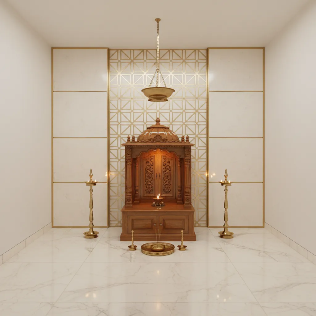 pooja room with subtle gold accent wall behind wooden mandir