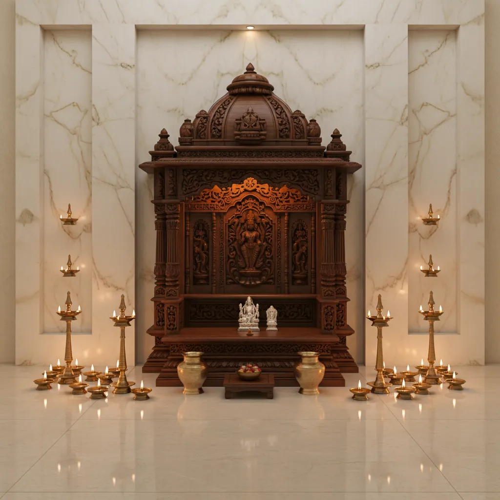 home pooja altar with wooden mandir and warm lighting