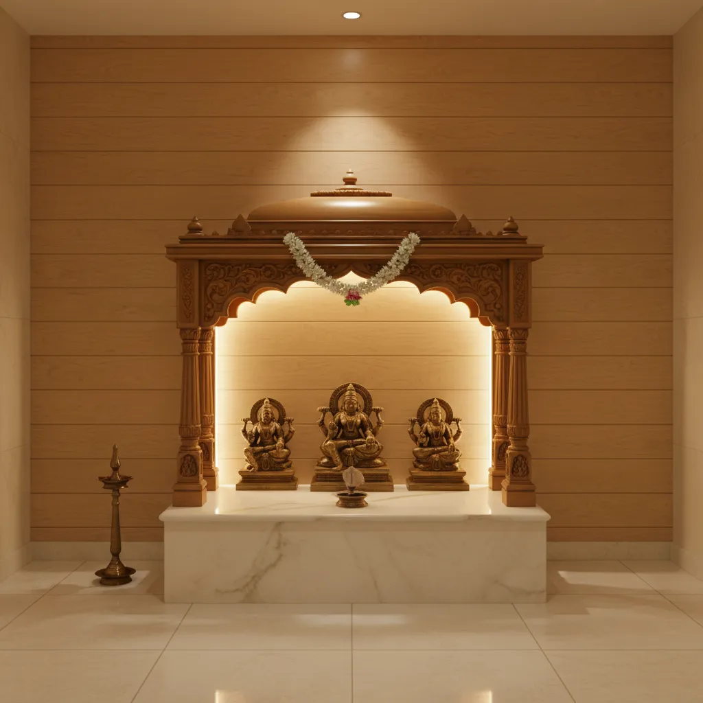 Pooja room backdrop panel with soft beige wall and wooden temple