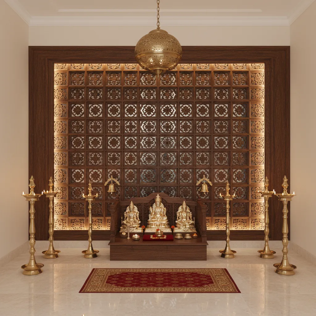 pooja room with decorative carved wooden backdrop wall and warm lighting