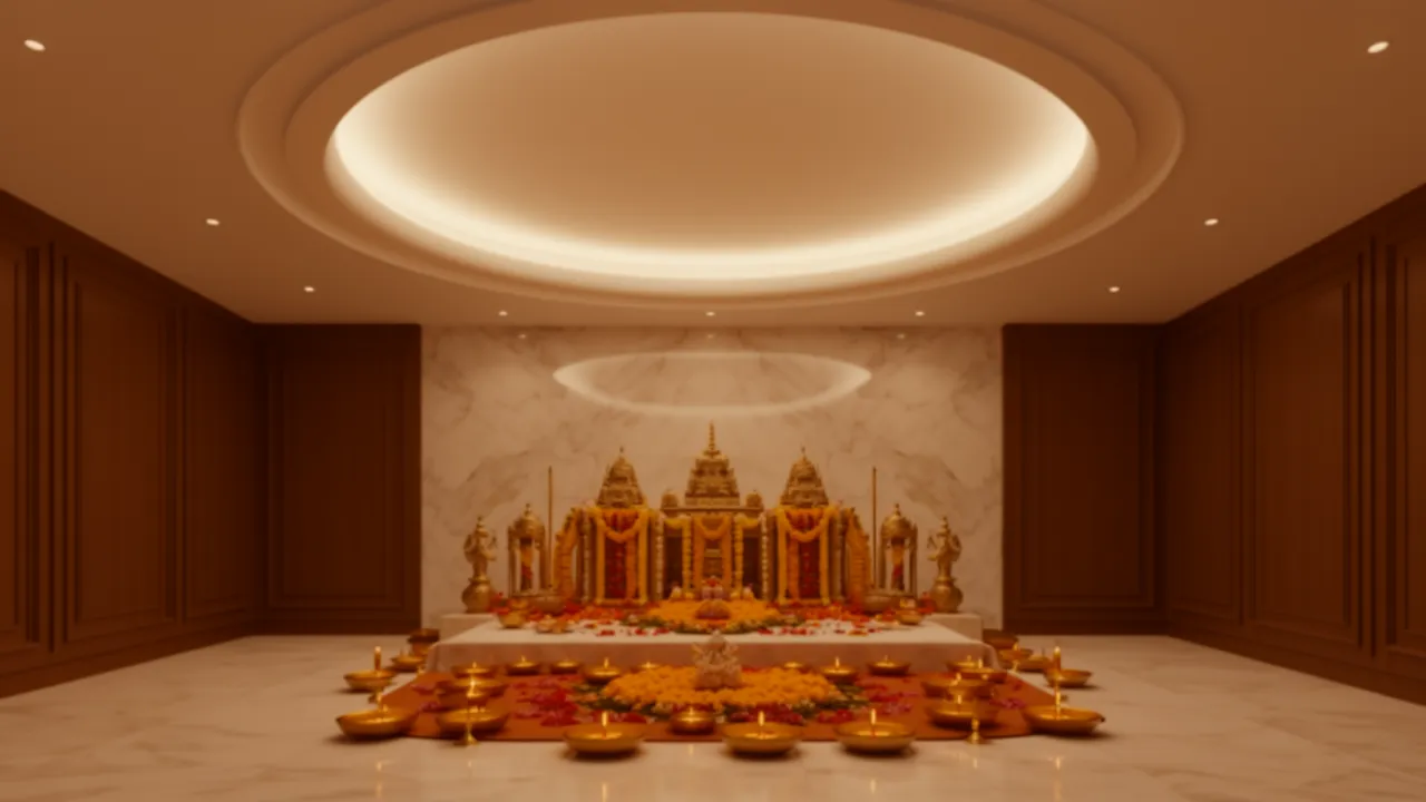 Pooja room with decorative dome false ceiling above altar