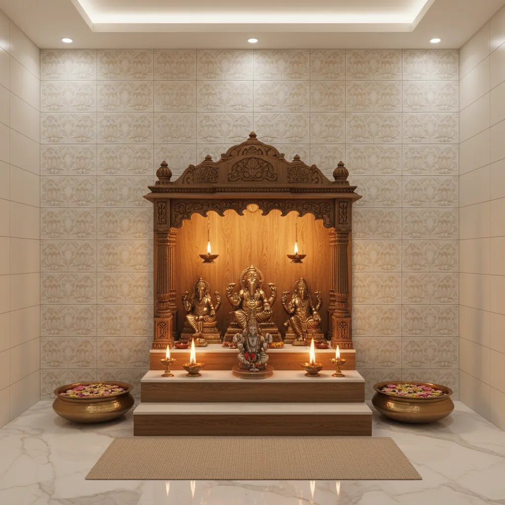 lotus pattern feature tile wall behind mandir