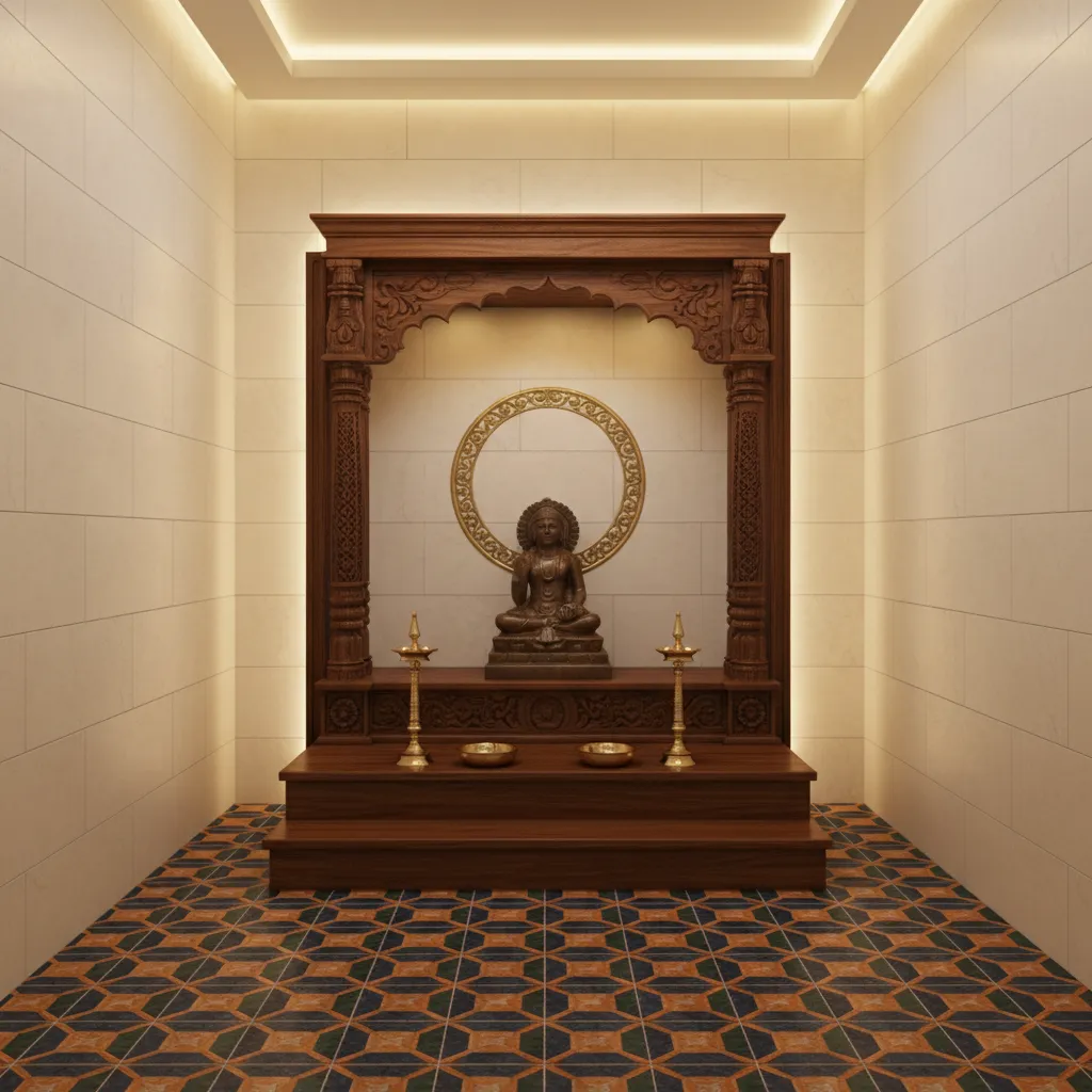 Pooja room with ivory wall tiles and patterned stone floor tiles