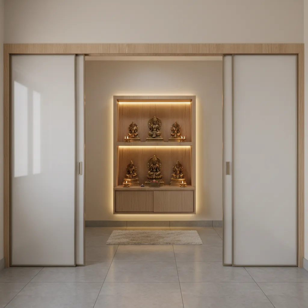 small home pooja room with frosted glass sliding doors