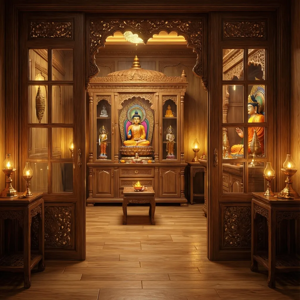 traditional pooja room with wooden frame glass doors