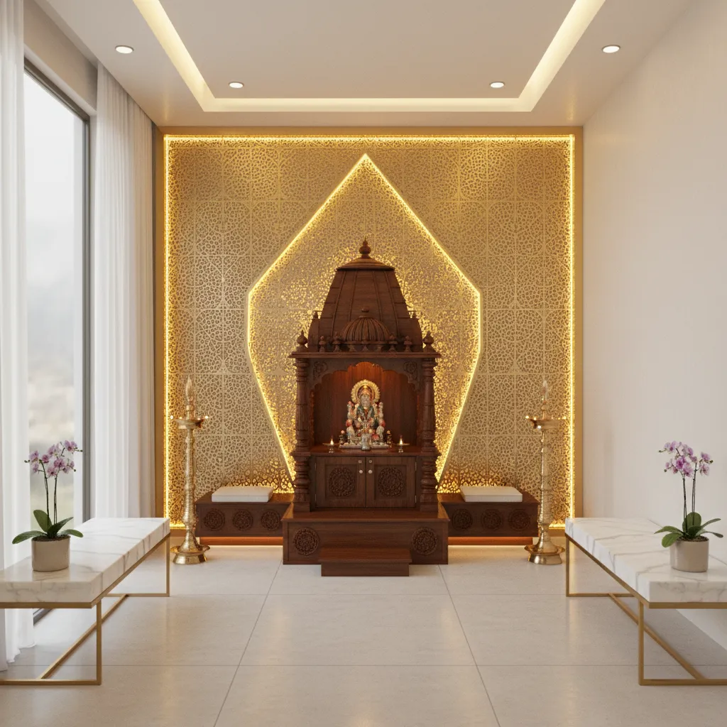 Modern pooja room with subtle gold accent panel behind temple
