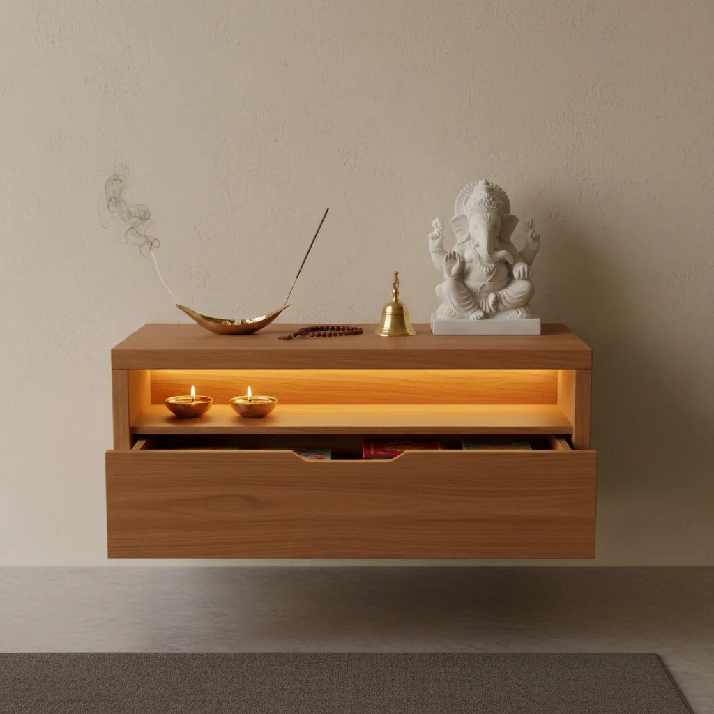Compact pooja mandir with hidden drawer storage