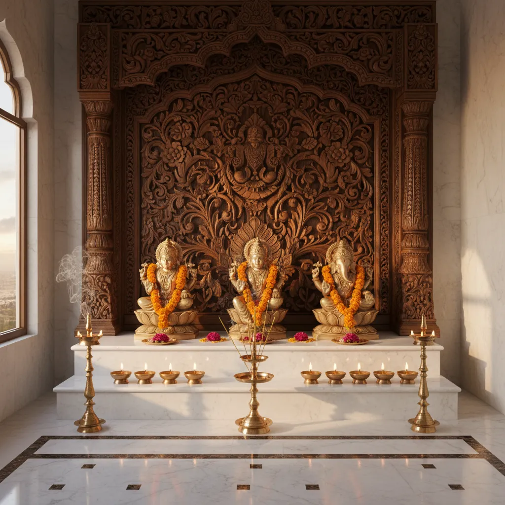 Raised pooja altar with brass Hindu deity idols and oil lamps