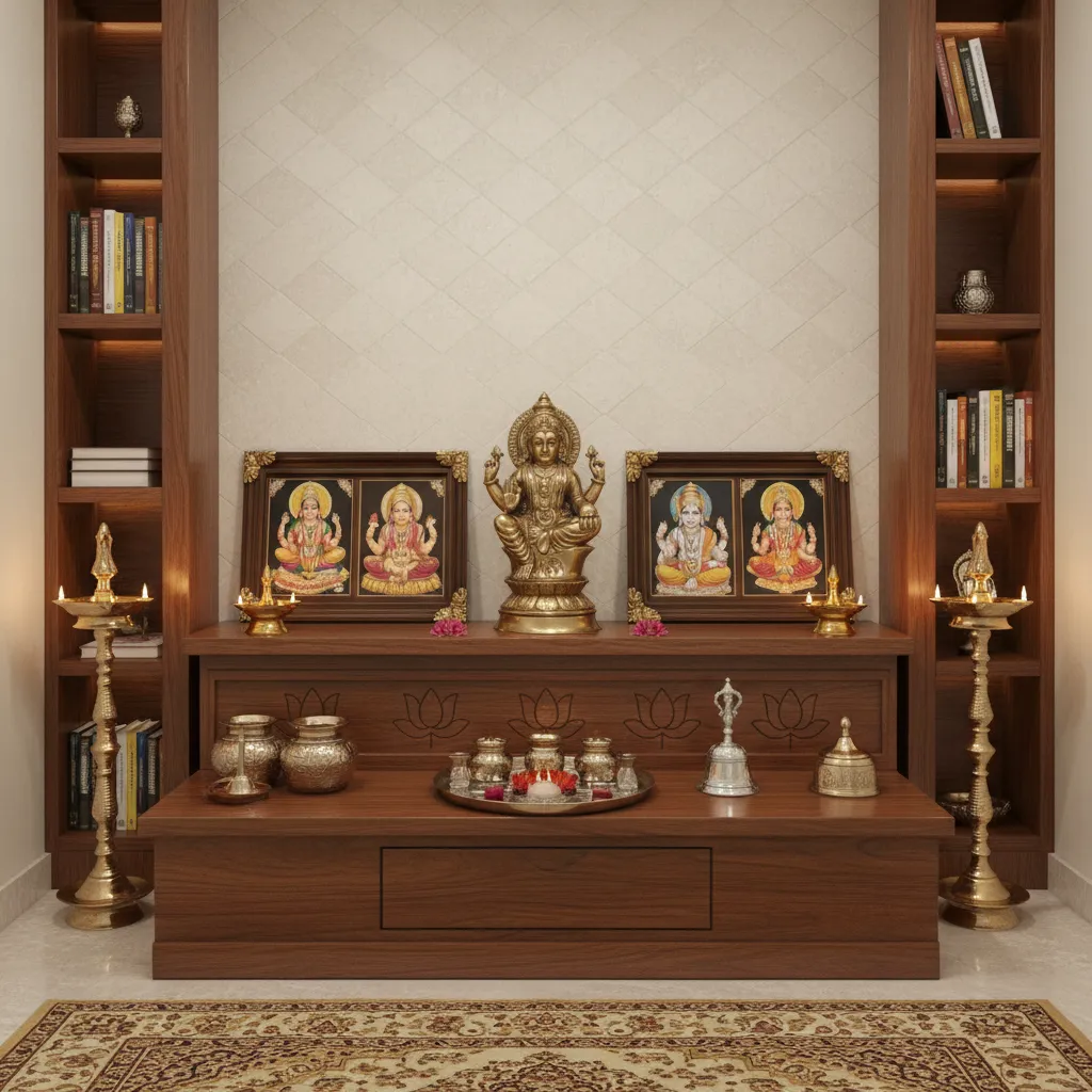 Well organized pooja room altar showing idol placement and framed deity photos
