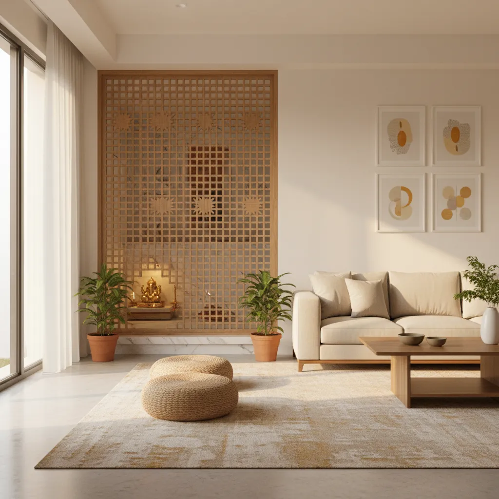 pooja room jali divider separating living room prayer niche