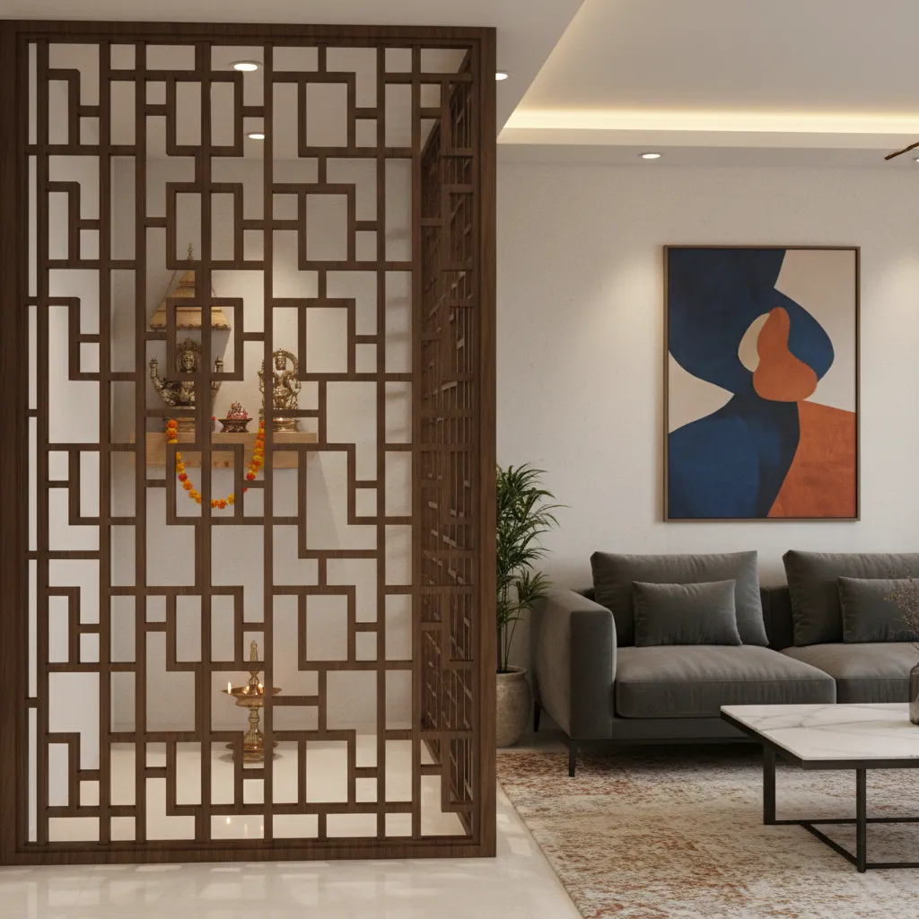 modern pooja corner with wooden lattice partition in living room