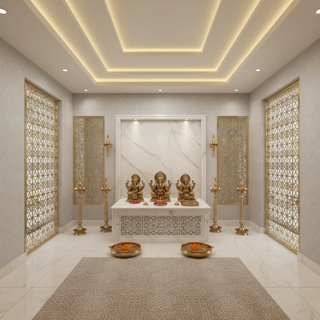 Modern South Indian pooja room with layered false ceiling and warm cove lighting