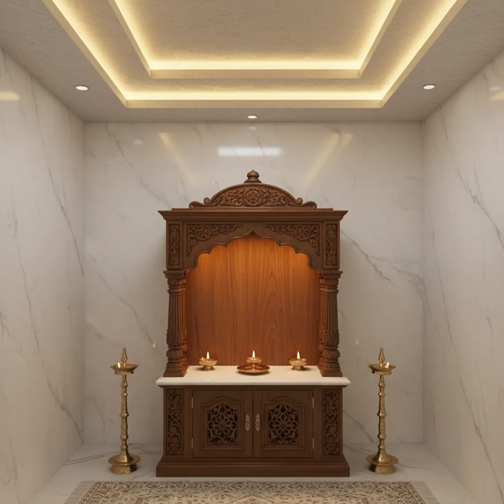 layered tray false ceiling with warm lighting above a traditional pooja mandir