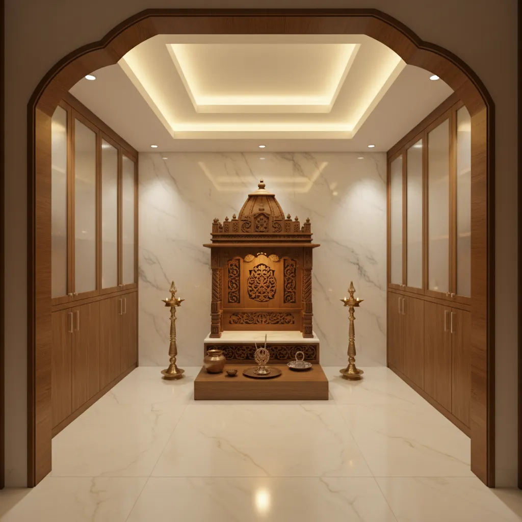 Modern pooja room with layered tray false ceiling and warm LED lighting