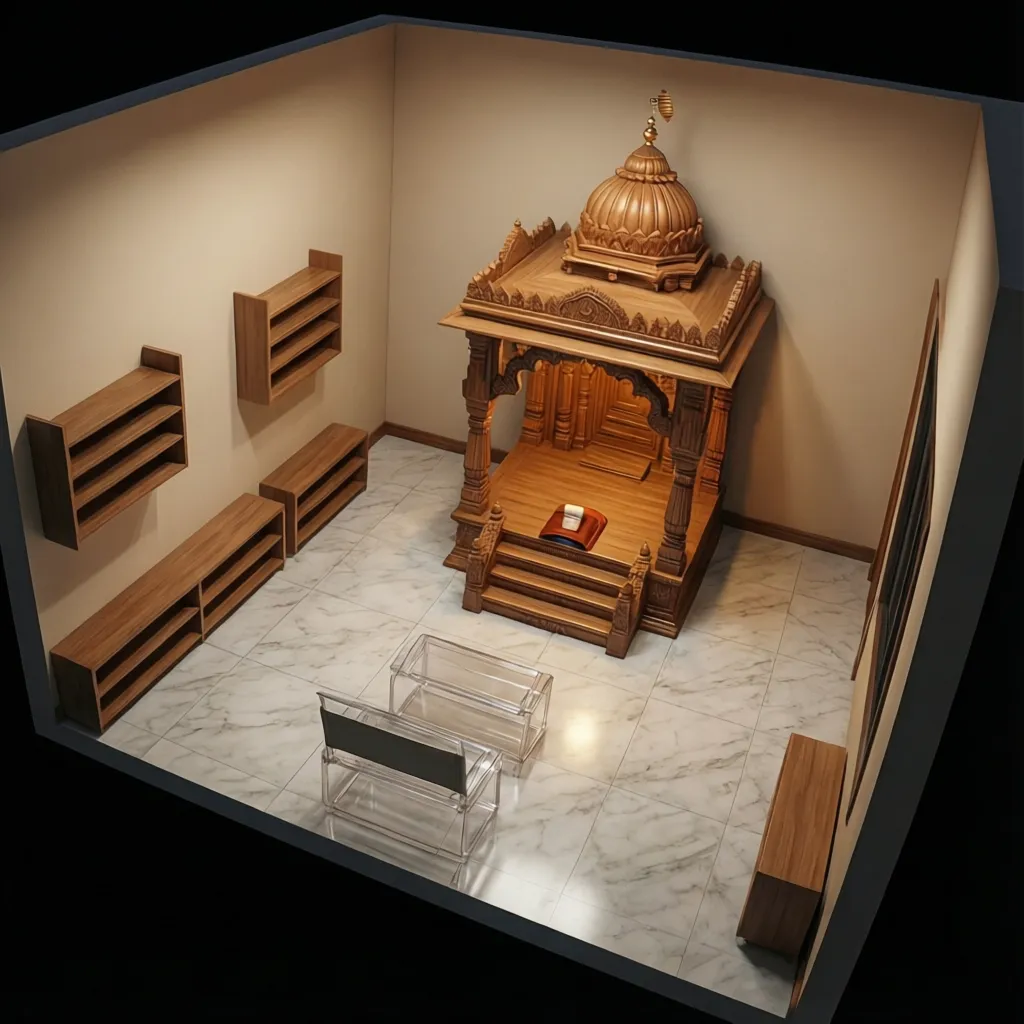 Simple pooja room layout with mandir platform and prayer space