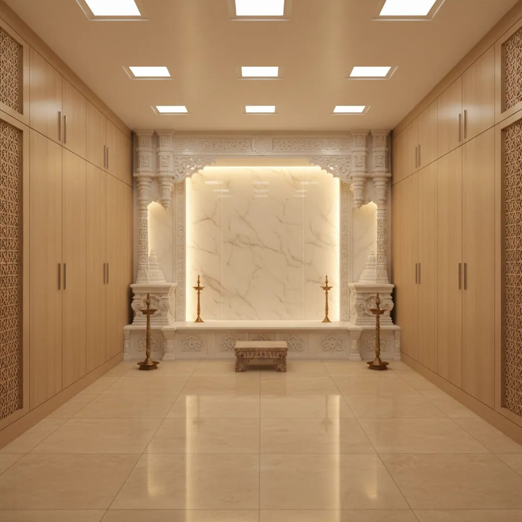 Large pooja room layout showing altar wall and side storage cabinets
