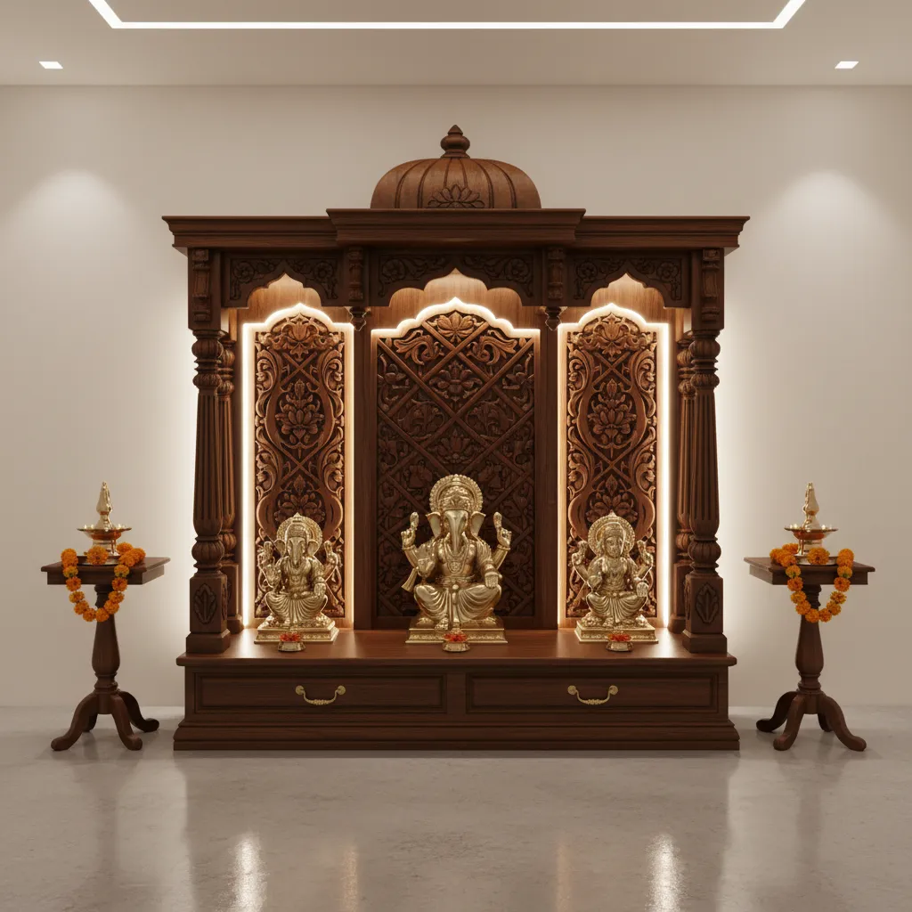 pooja mandir with LED strip backlighting creating halo glow behind idols
