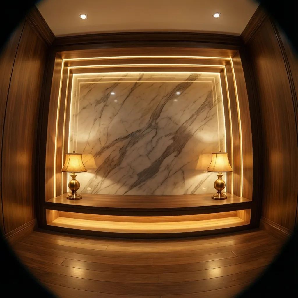 Small pooja room with layered warm lighting and backlit panel