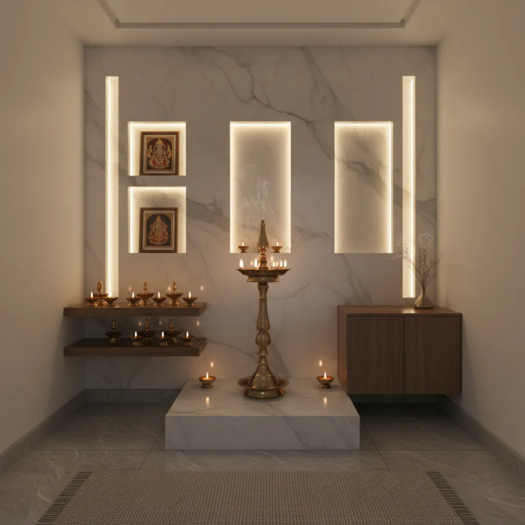 Small pooja room with warm backlighting behind deity photos