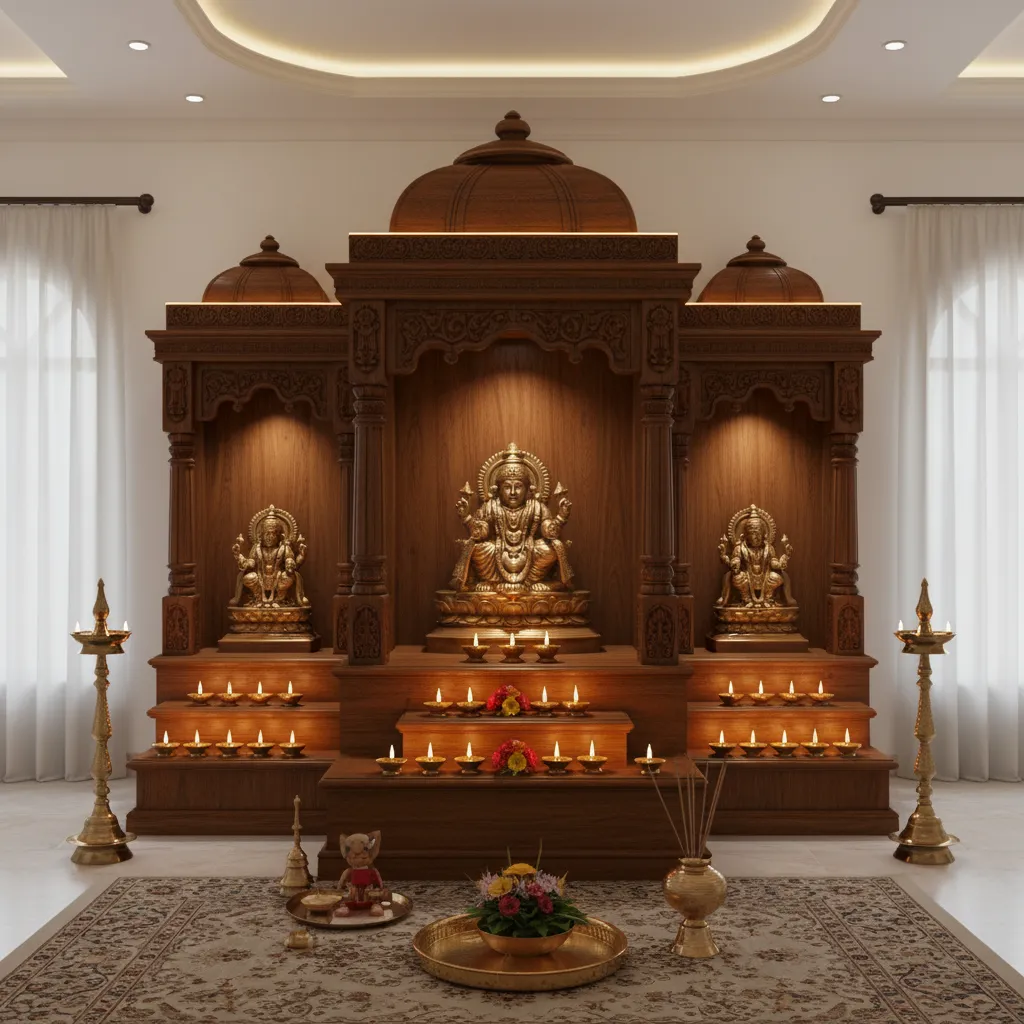 Warm lighting design highlighting a home pooja altar