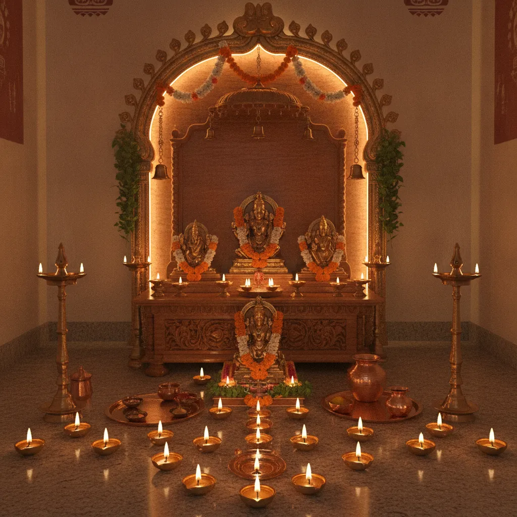 Warm lighting design in traditional South Indian pooja room with brass diyas