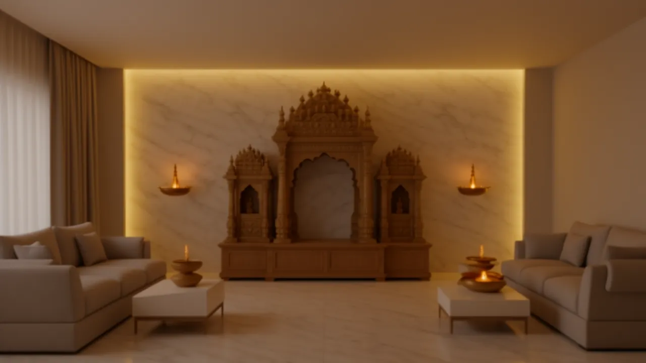 Apartment pooja space with warm LED lighting highlighting the mandir