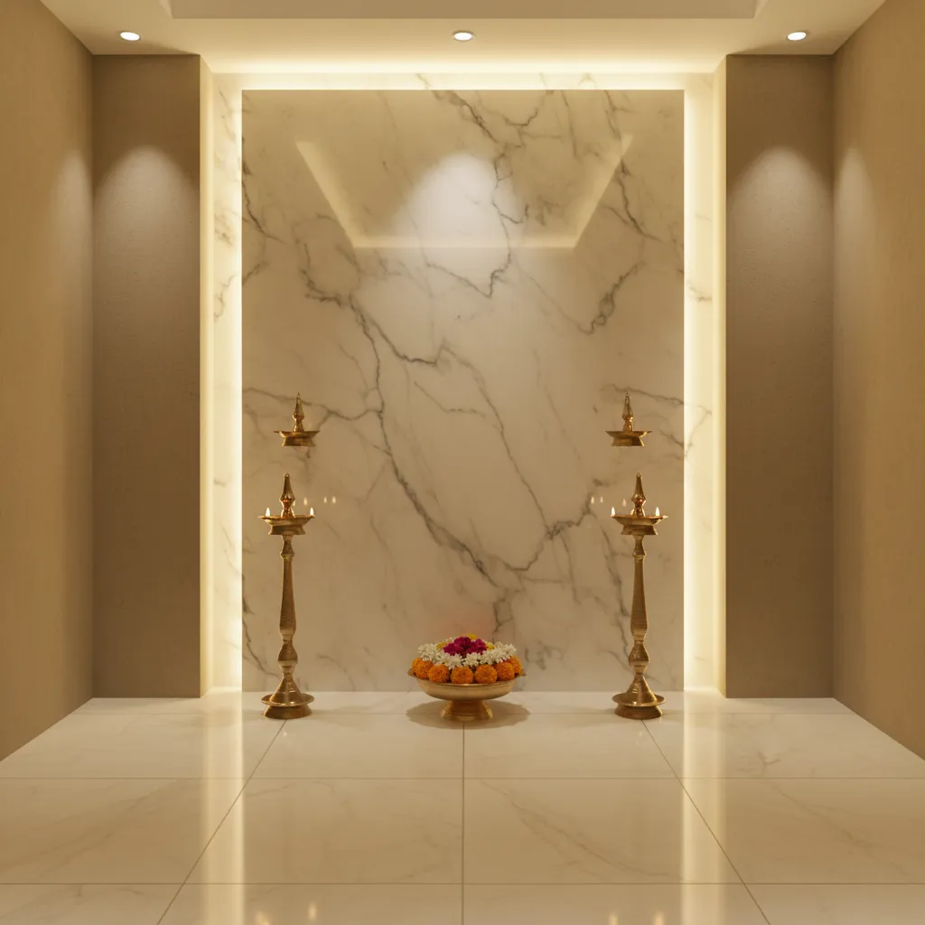 pooja room lighting with backlit marble wall and brass lamps