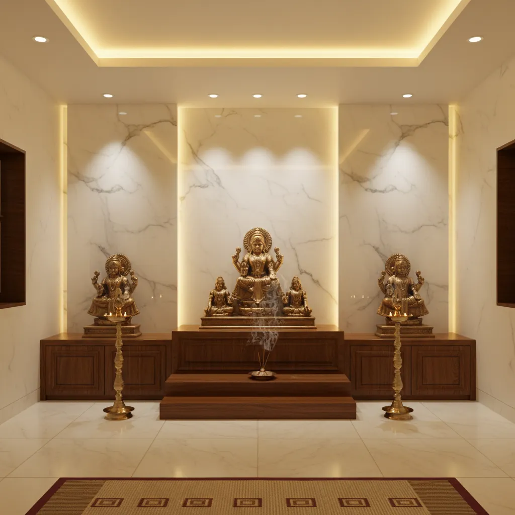 Pooja room with layered warm lighting highlighting the altar