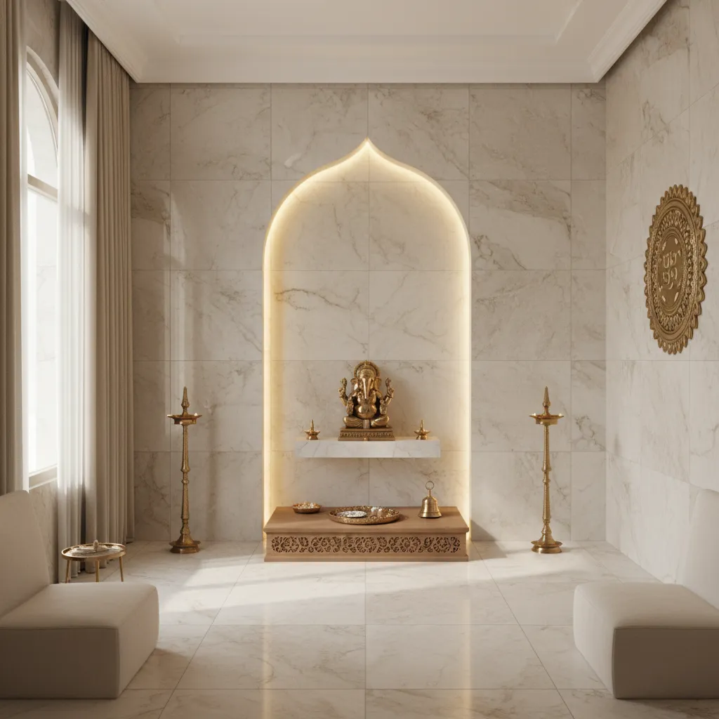 pooja room with marble look wall tiles and soft lighting