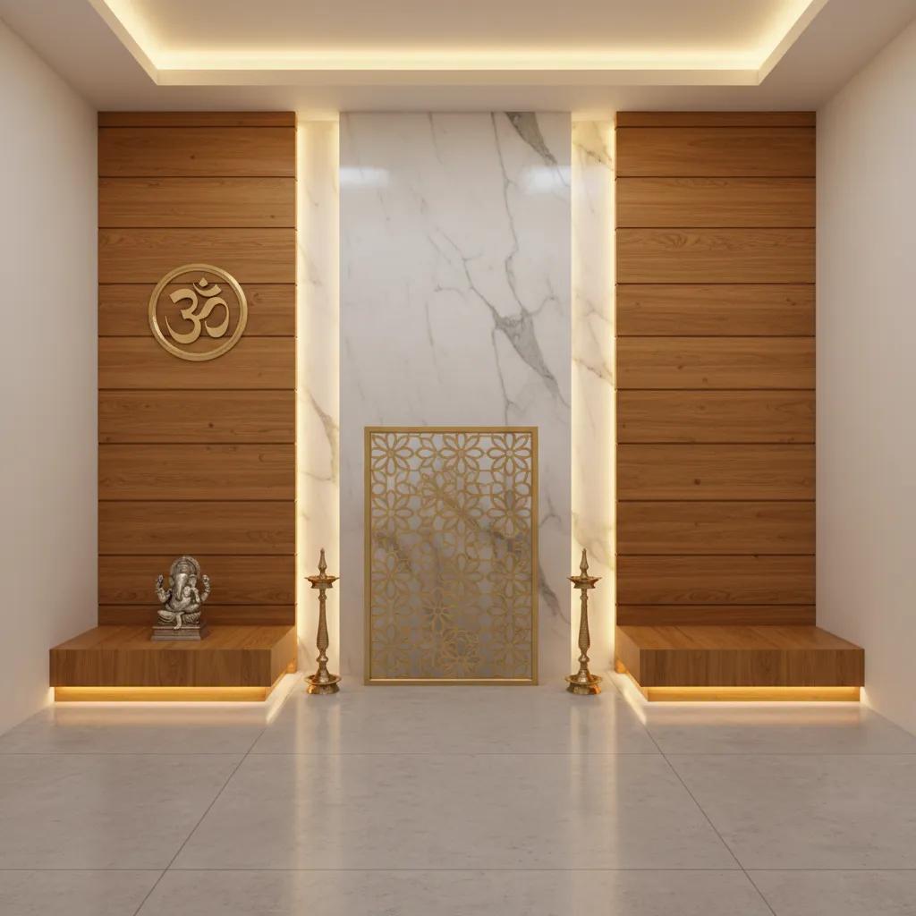 Modern pooja room with wood panels, marble backdrop and soft lighting