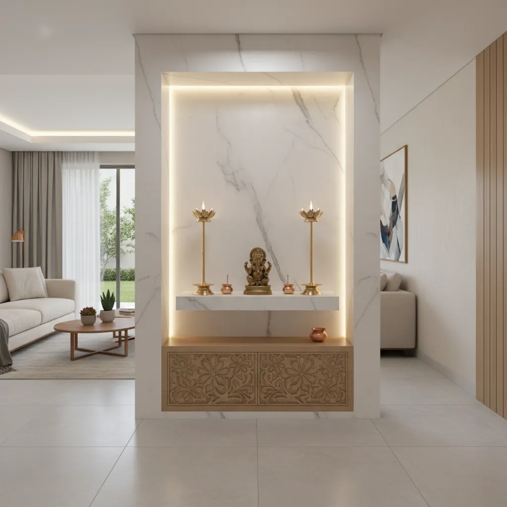 Modern pooja room integrated into a contemporary American home interior