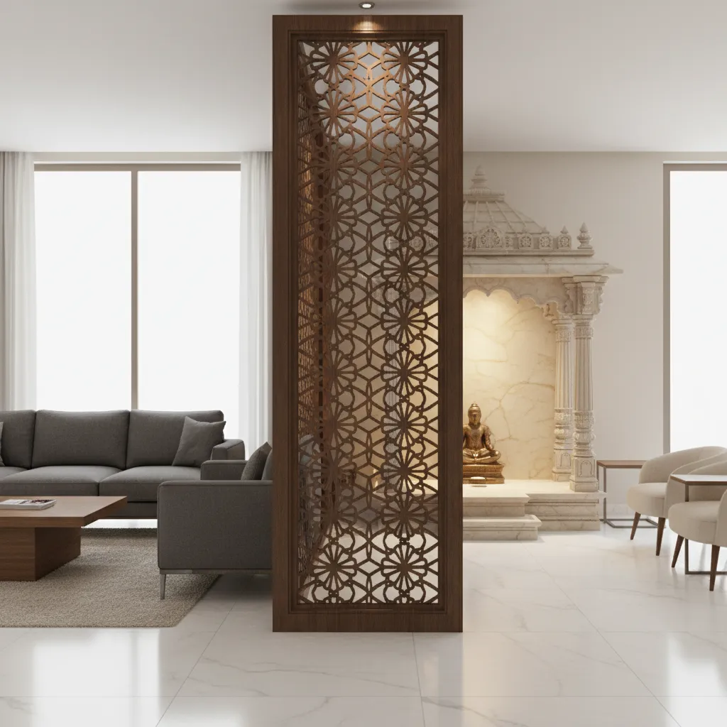 Living room pooja space separated by decorative partition