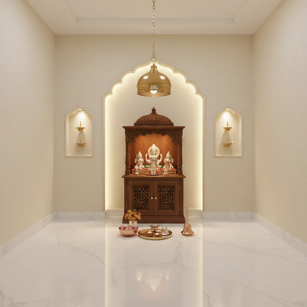 small brass pendant lamp hanging above pooja altar in home mandir