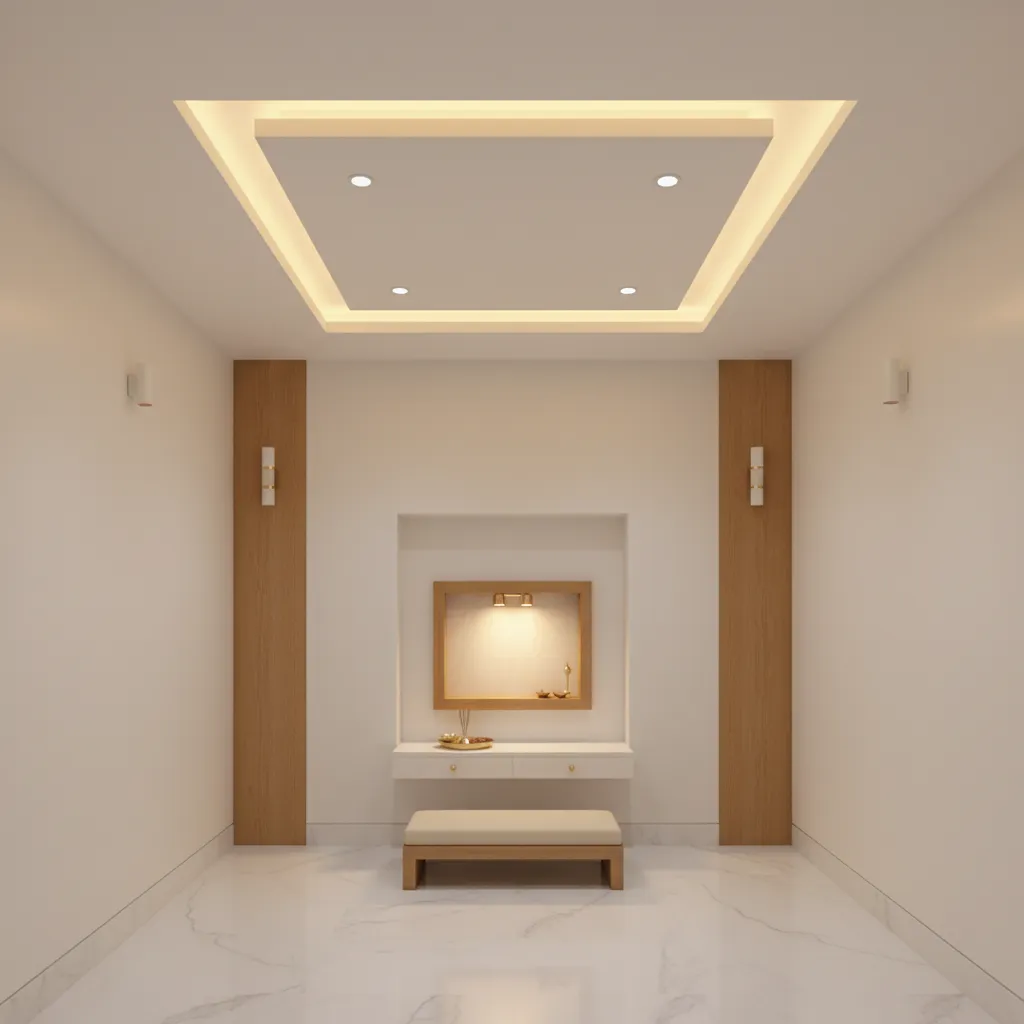 POP ceiling frame design above small mandir with soft lighting